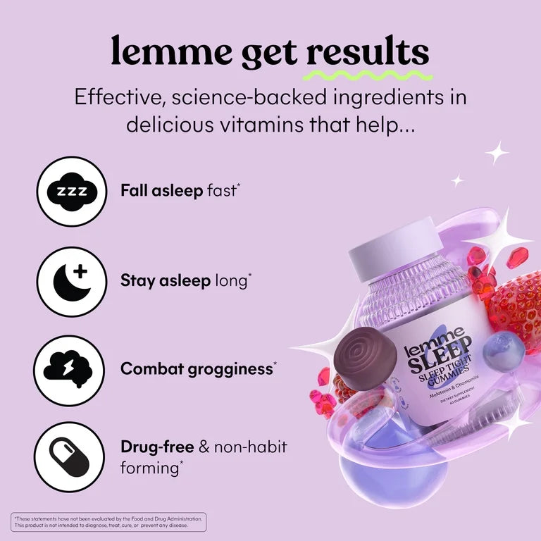 Lemme Sleep Gummies with 5mg Melatonin, Elderberry, Magnesium, L-Theanine, Chamomile and Lavender, Drug-Free Nighttime Sleep Aid, Vegan, Gluten Free, Gelatin Free, Non GMO, Berry Flavored, 60 Count