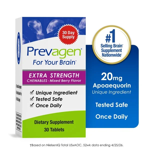 Prevagen Extra Strength Chewable Mixed Berry Tablets with Apoaequorin & Vitamin D for Your Brain, 30 Count