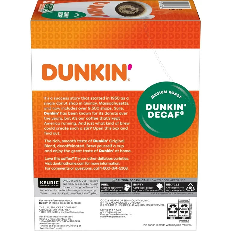 Dunkin’ Decaf Medium Roast Coffee, Keurig K Cup Pods, 44 Count Box