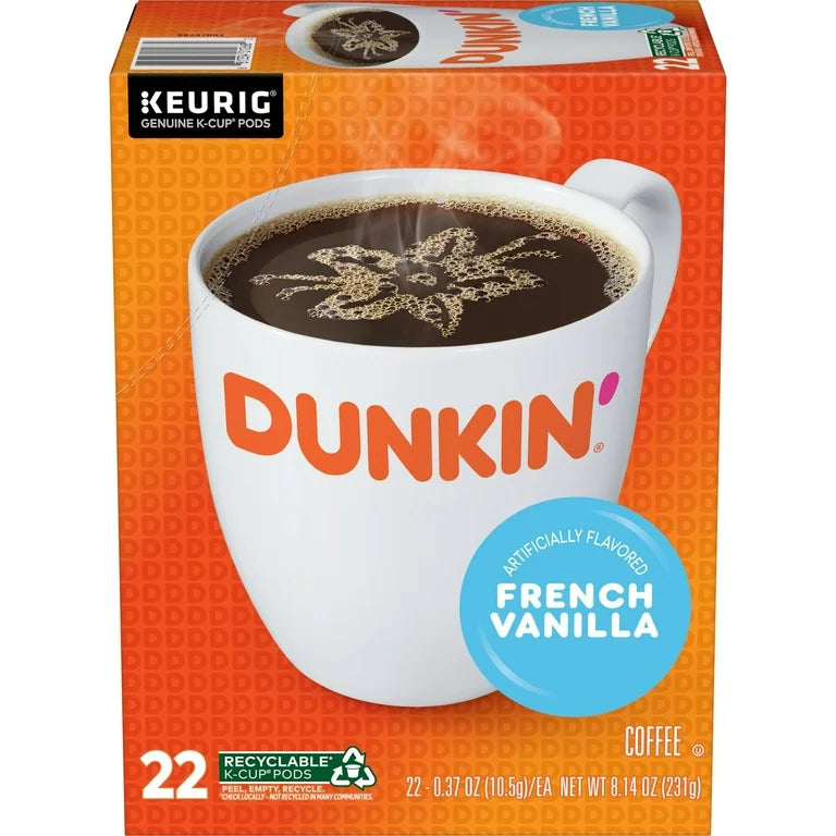 Dunkin’ French Vanilla Artificially Flavored Coffee, Keurig K-Cup Pods, 22 Count Box