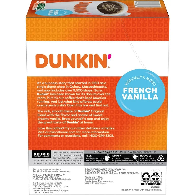 Dunkin’ French Vanilla Artificially Flavored Coffee, Keurig K-Cup Pods, 22 Count Box