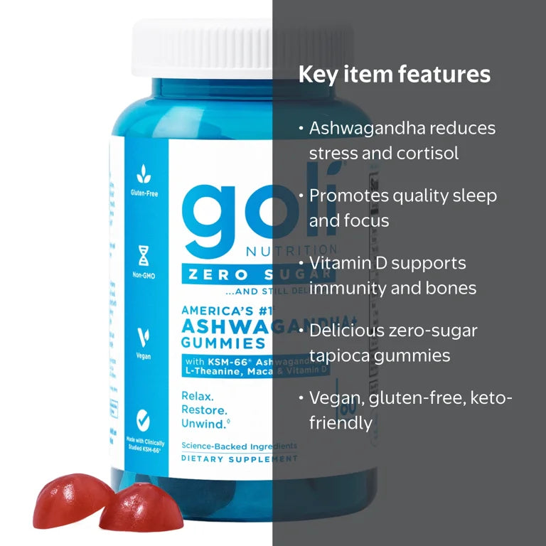 Goli Ashwagandha Zero Sugar Vegan Gummies, KSM-66 & Vitamin D, 60 Count