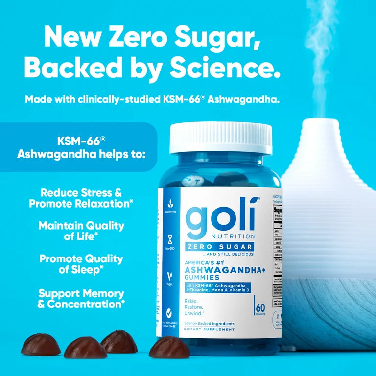 Goli Ashwagandha Zero Sugar Vegan Gummies, KSM-66 & Vitamin D, 60 Count