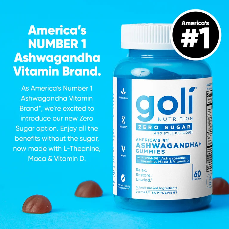 Goli Ashwagandha Zero Sugar Vegan Gummies, KSM-66 & Vitamin D, 60 Count