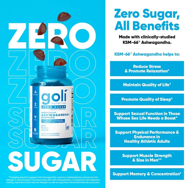Goli Ashwagandha Zero Sugar Vegan Gummies, KSM-66 & Vitamin D, 60 Count