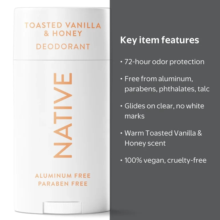 Native Deodorant For Women, Aluminum Free, 72 Hour, Solid Stick, Toasted Vanilla & Honey, 2.65 oz