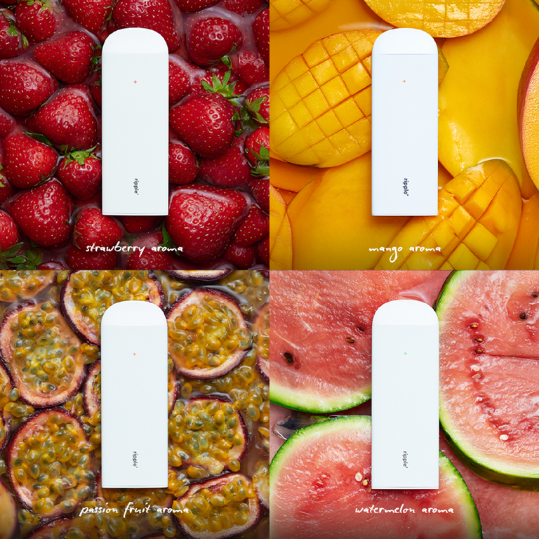 Ripple Zero Nicotine Fruity Set - Strawberry, Mango, Passion Fruit, Watermelon Aroma, 0% Nicotine Diffuser 4,000 Puffs, 4 Pack
