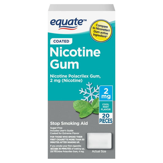 Equate Coated Nicotine Polacrilex Gum, Stop Smoking Aid, 2 mg, Cool Mint, 20 Count
