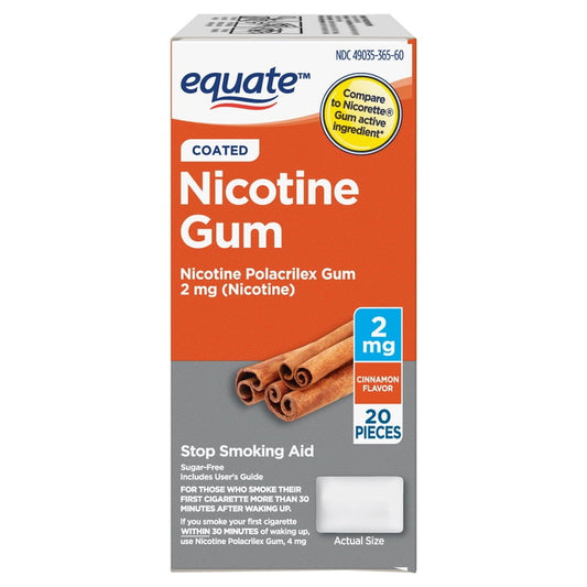 Equate Nicotine Coated Gum 2 mg, Stop Smoking Aid, Cinnamon Flavor, 20 Count