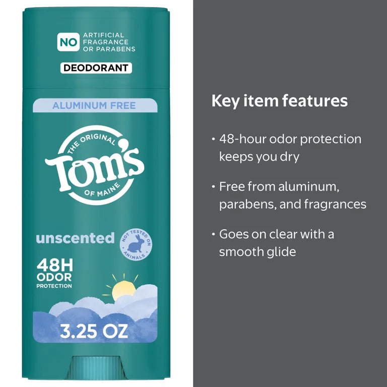 Tom’s of Maine Unscented Natural Deodorant for Men and Women, Aluminum Free, 3.25 oz