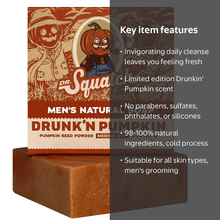 Dr. Squatch Natural Men’s Bar Soap - Cold Process Body Soap Bar - Gifts for Men - Drunkin' Pumpkin (5oz)