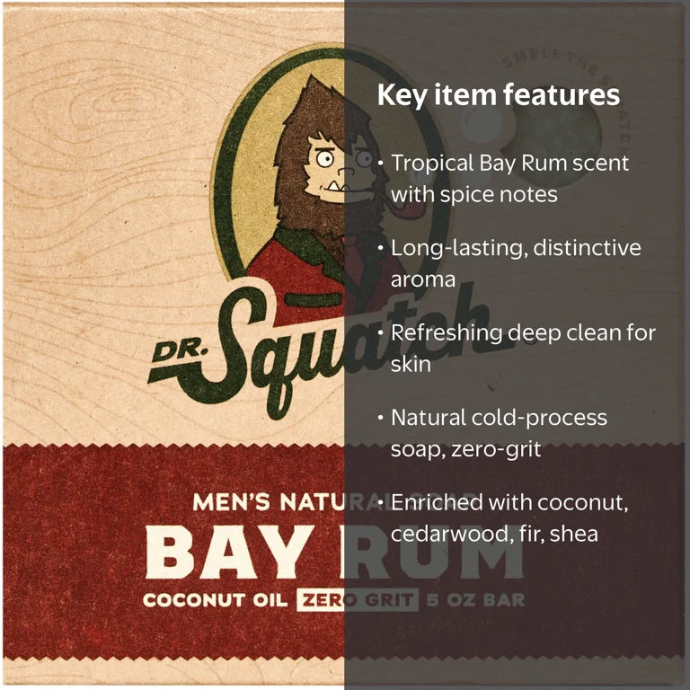 Dr. Squatch Men's Soap, Natural Bar Soap for Men, Bay Rum, 5 oz