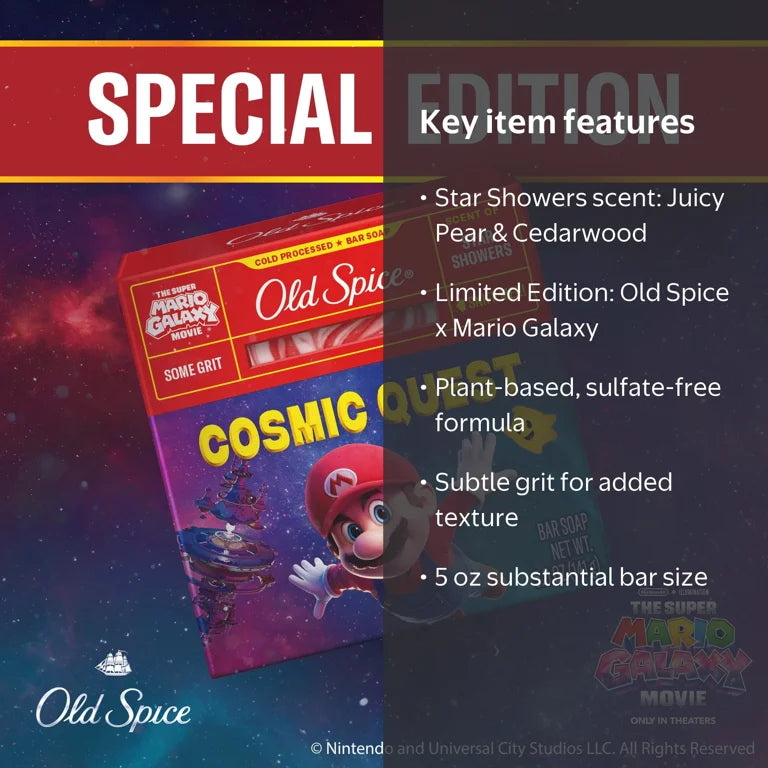 Old Spice Men's Cold Processed Bar Soap, Cosmic Quest, Scent of Star Showers, Old Spice x The Super Mario Galaxy Movie, Some Grit, 5 oz