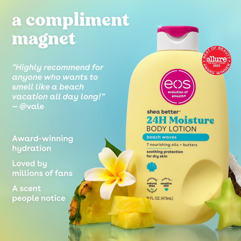 eos Beach Waves Body Lotion, 24 Hour Moisturizing Daily Body Moisturizer for Dry Skin with Shea Butter & Vitamin E, 16 oz