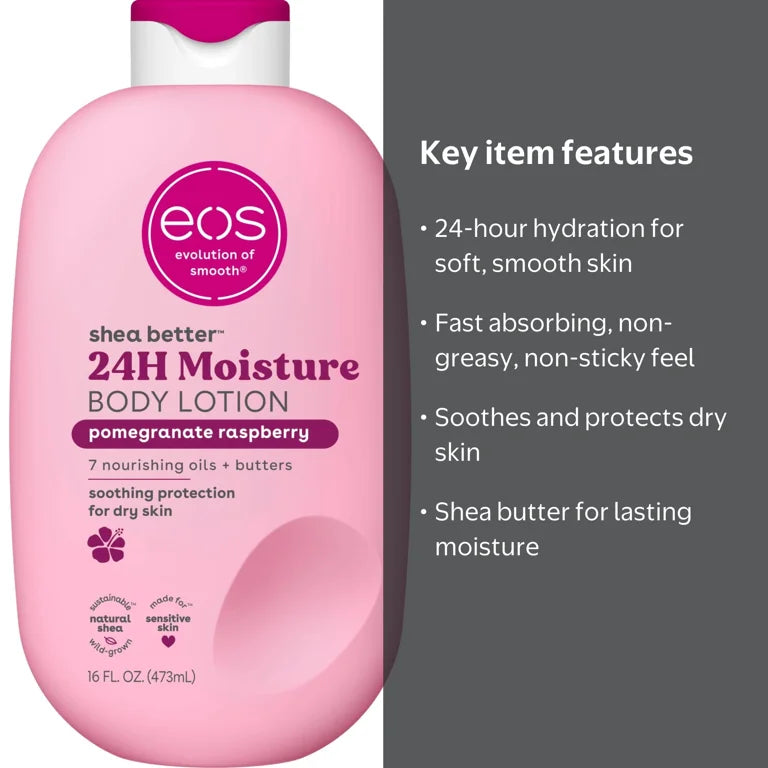eos Pomegranate Raspberry Shea Better Body Lotion, 24 Hour Moisturizing Daily Body Moisturizer for Dry Skin with Shea Butter, 16 oz