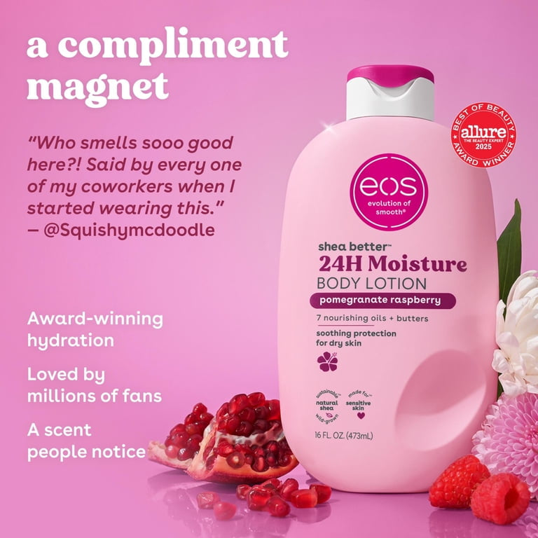eos Pomegranate Raspberry Shea Better Body Lotion, 24 Hour Moisturizing Daily Body Moisturizer for Dry Skin with Shea Butter, 16 oz