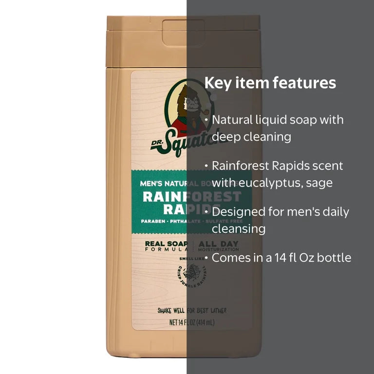 Dr. Squatch Mens Natural Body Wash, Sulfate Free Moisturizing Body Wash for men, Rainforest Rapids, 14 fl Oz