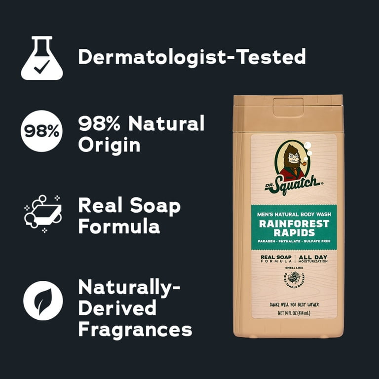 Dr. Squatch Mens Natural Body Wash, Sulfate Free Moisturizing Body Wash for men, Rainforest Rapids, 14 fl Oz