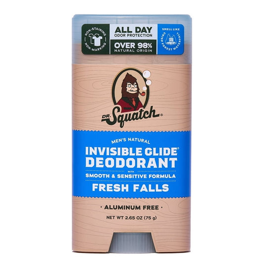 Dr. Squatch Mens Invisible Glide Deodorant Stick, Natural Aluminum Free Deodorant for Men, Fresh Falls, 2.65 Oz