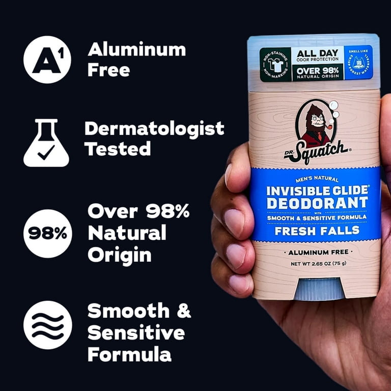 Dr. Squatch Mens Invisible Glide Deodorant Stick, Natural Aluminum Free Deodorant for Men, Fresh Falls, 2.65 Oz