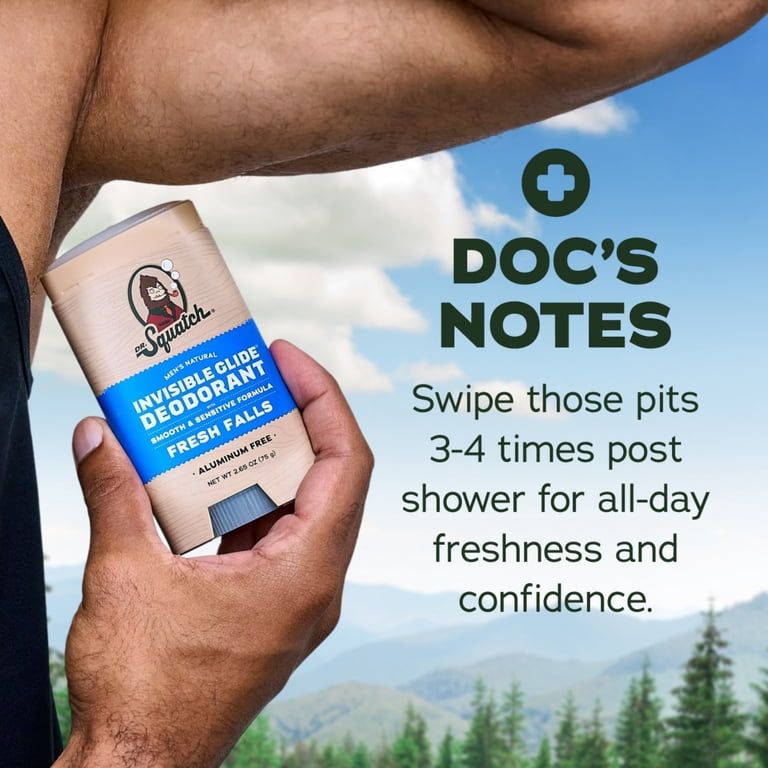 Dr. Squatch Mens Invisible Glide Deodorant Stick, Natural Aluminum Free Deodorant for Men, Fresh Falls, 2.65 Oz