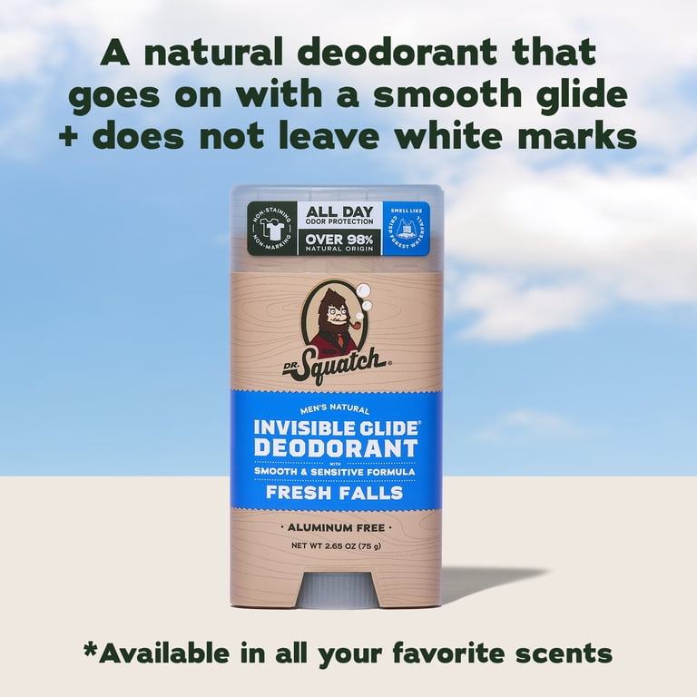 Dr. Squatch Mens Invisible Glide Deodorant Stick, Natural Aluminum Free Deodorant for Men, Fresh Falls, 2.65 Oz