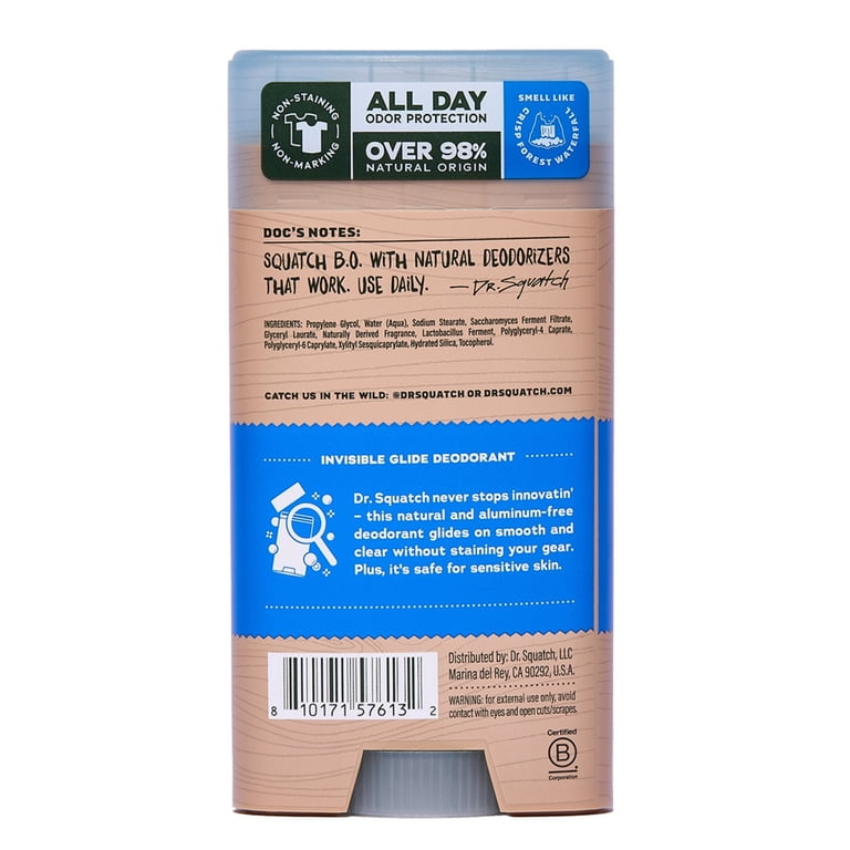 Dr. Squatch Mens Invisible Glide Deodorant Stick, Natural Aluminum Free Deodorant for Men, Fresh Falls, 2.65 Oz