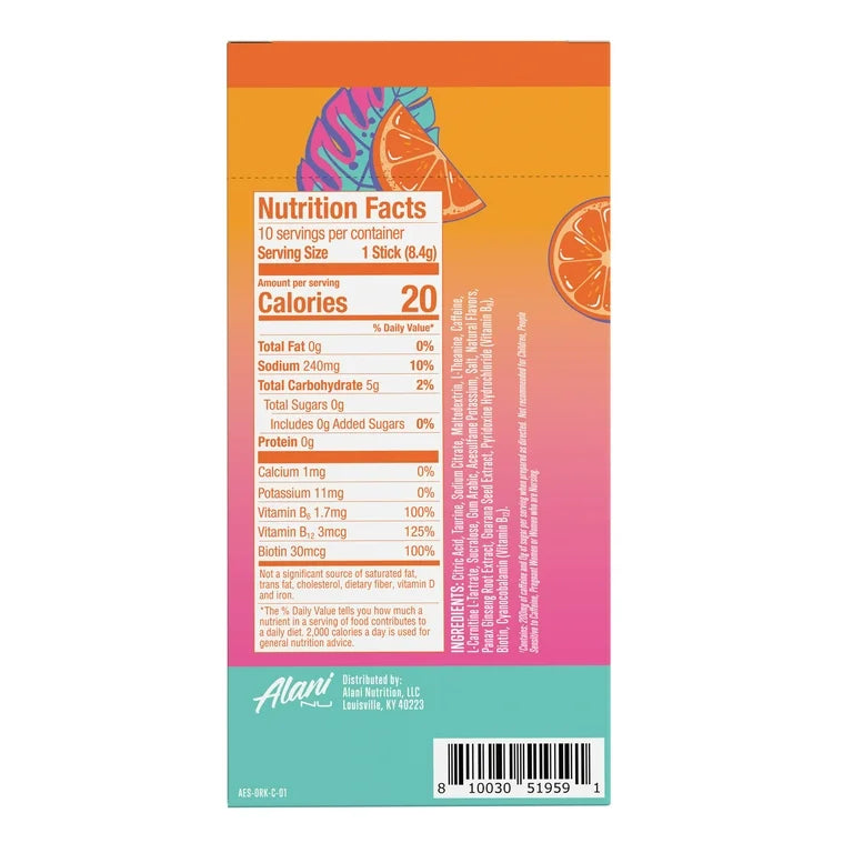 Alani Nu Energy Sticks, Orange Kiss, 10 Count, 200mg Caffeine, Zero Sugar