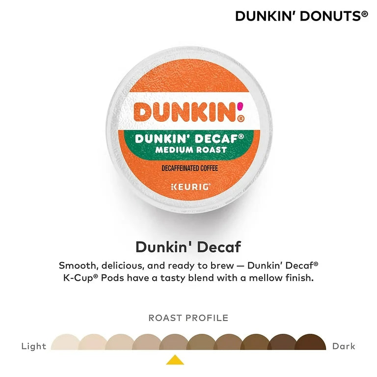 Dunkin’ Decaf Medium Roast Coffee, Keurig K Cup Pods, 44 Count Box