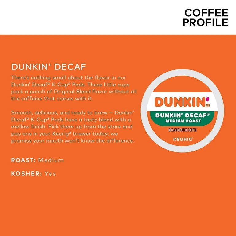 Dunkin’ Decaf Medium Roast Coffee, Keurig K Cup Pods, 44 Count Box