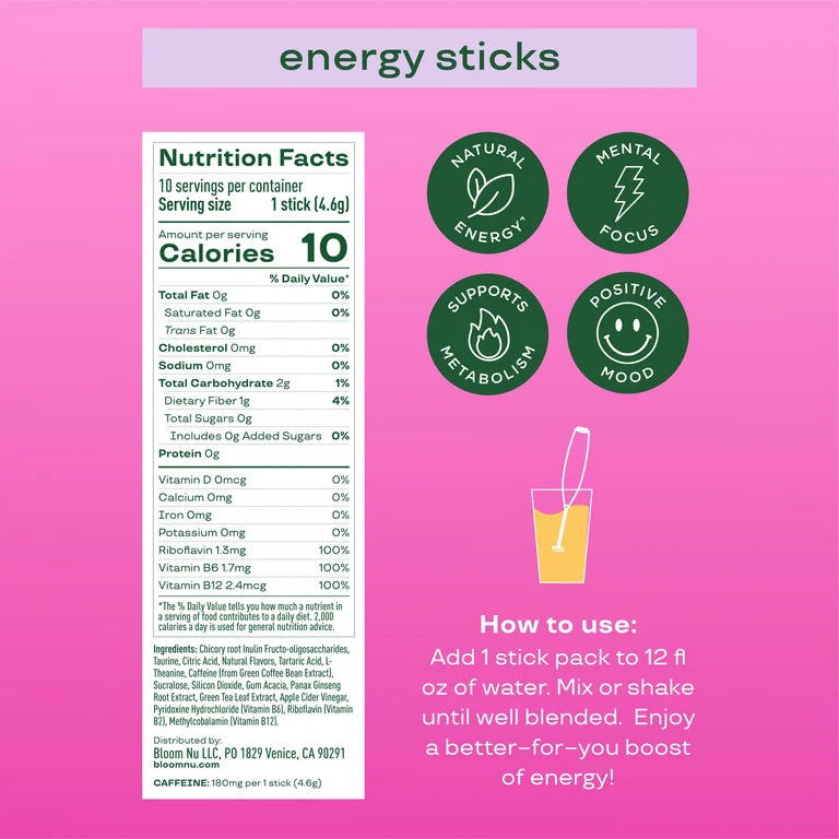 Bloom Nutrition Energy Powder Drink Mix, Sugar Free, Raspberry Lemon, 10 Count
