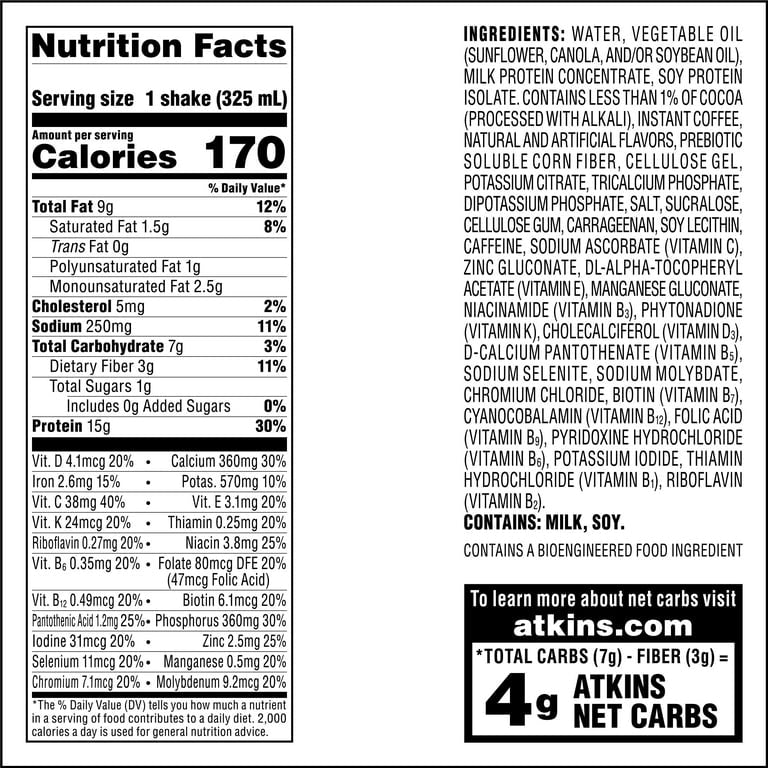 Atkins Protein Shake, Mocha Latte, Keto Friendly, Gluten Free, 4 Ct