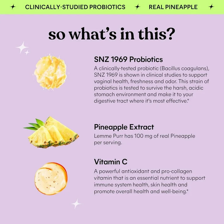 Lemme Purr Vaginal Probiotic Gummies for Women - Promotes pH Balance, Healthy Vaginal Odor & Urinary Tract Health w/Lactobacillus Blend, Pineapple & Vitamin C, 60 Count