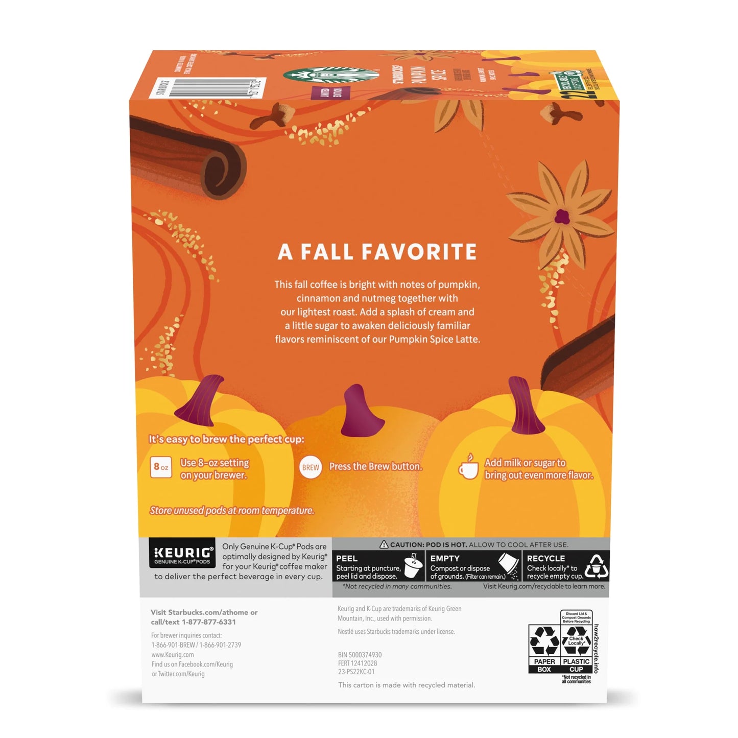 Starbucks Pumpkin Spice, Hot or Iced Coffee, Flavored K-Cup Coffee Pods, 22 Count