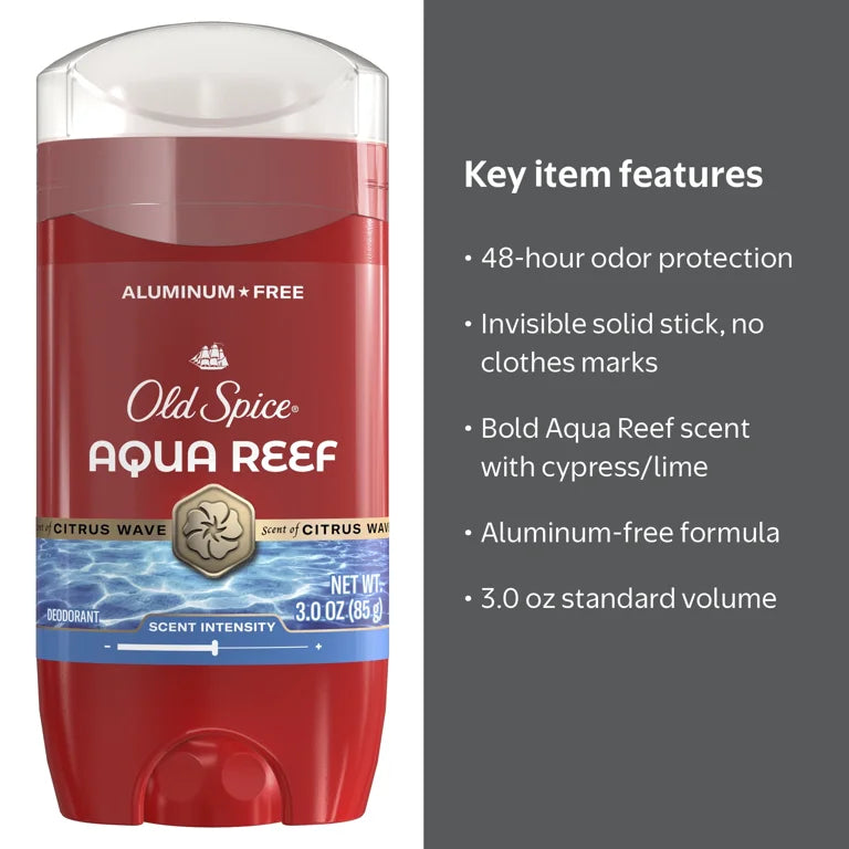 Old Spice Men's Aluminum Free Deodorant, Invisible Solid Stick, Aqua Reef, 3.0 oz