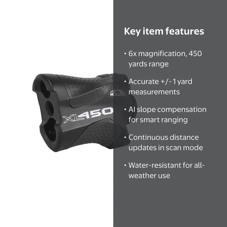 Halo Optics XL450-7 Laser Hunting Rangefinder, Accurate Precise Water-Resistant Ergonomic Non-Slip Grip Portable Durable Hunting Laser Range Finder with Scan Mode