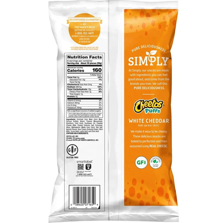 Simply Cheetos Puffs Cheese Flavored Snacks White Cheddar, 8 Ounce Bag