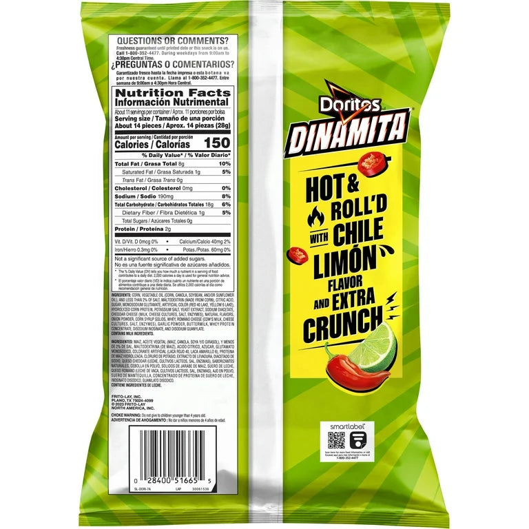 Doritos Dinamita Tortilla Chips Chile Limon, 10.75 oz Bag