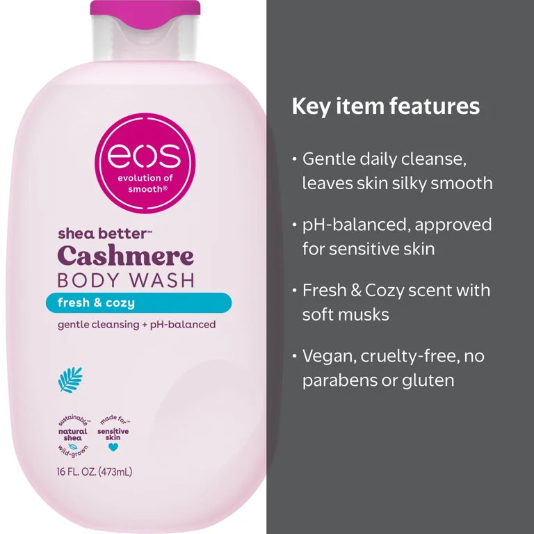 eos Shea Better Cashmere Body Wash - Fresh & Cozy, Creamy Gel Formula, Hyrdration for Dry Skin, 16 fl oz