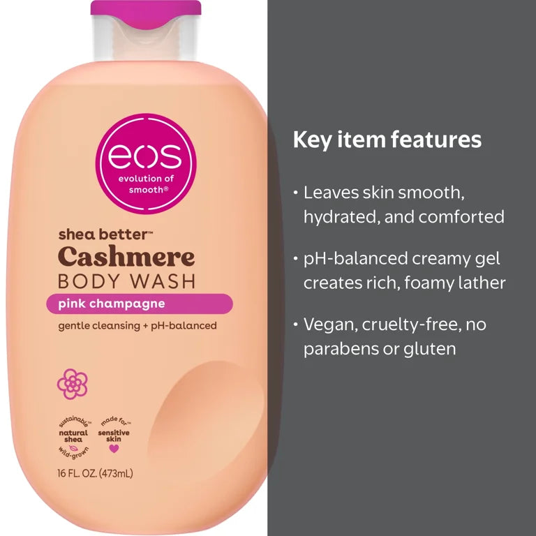eos Shea Better Cashmere Body Wash - Pink Champagne, Creamy Gel Formula, Hyrdration for Dry Skin, 16 fl oz