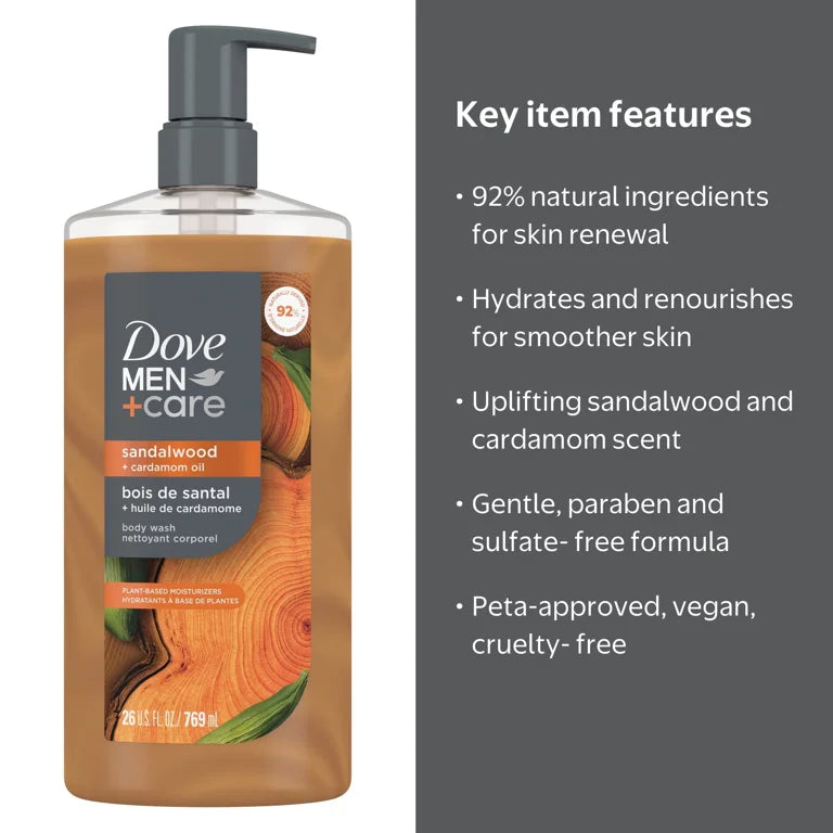 Dove Men+Care Sandalwood + Cardamom Oil Moisturizing Body Wash Sandalwood + Cardamom Oil Dermatologist Body Wash For MenSulfate Free, Paraben Free, & Dye Free, 26 fl oz