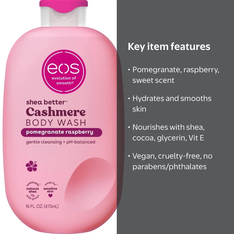 eos Shea Better Cashmere Body Wash, Pomegranate Raspberry, Creamy Gel Formula, 16 fl oz.