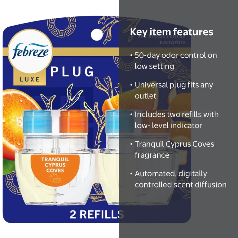 Febreze Plug In Air Freshener, Odor-Fighting Scented Oil 2 Refill, Tranquil Cove