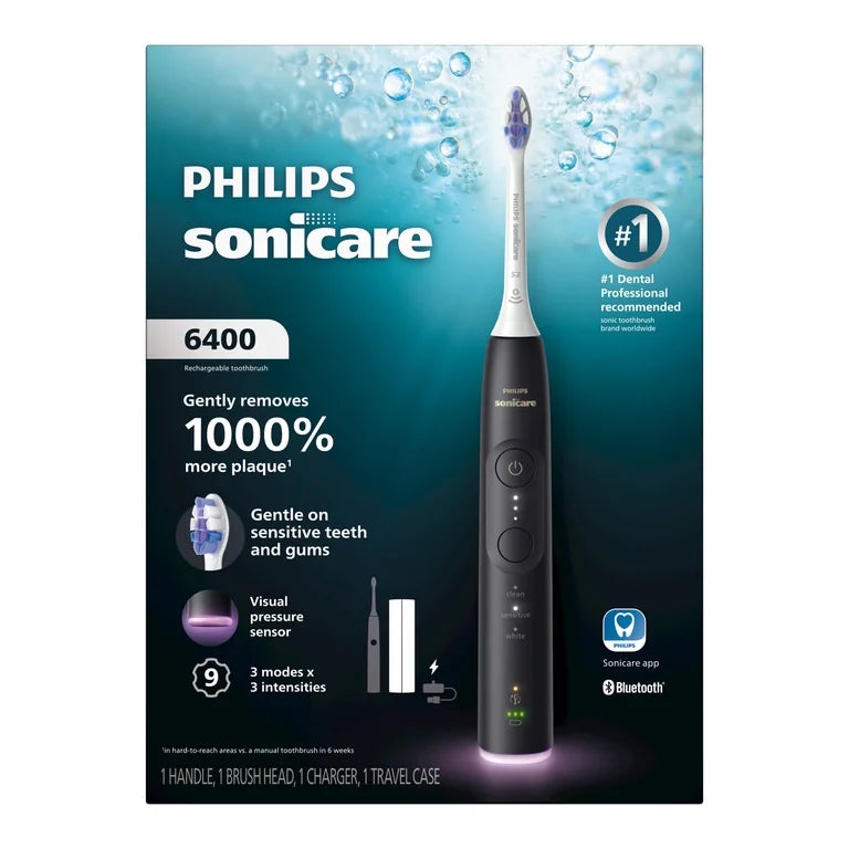 Philips Sonicare 6400 Series Electric Toothbrush - Next-Generation Sonicare Technology, Pressure Sensor, 9 Brushing Settings, Smartimer, Brushpacer, Replacement Reminder, 21-Day Runtime, HX7411/04, Black