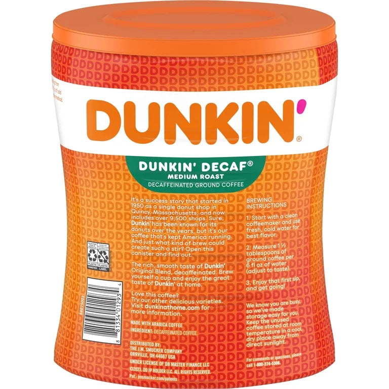 Dunkin’ Decaf Medium Roast Ground Coffee, 30 oz Canister