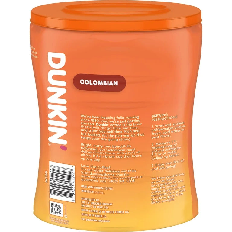 Dunkin’ Colombian Medium Roast Ground Coffee, 27.5 oz Canister