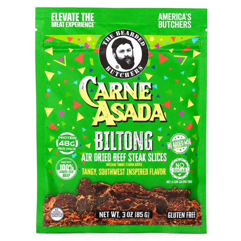 The Bearded Butchers Carne Asada Biltong, 3 oz – Air-Dried Beef Snack, High Protein, Zero Sugar, Gluten-Free, 48g of Protein per Pack