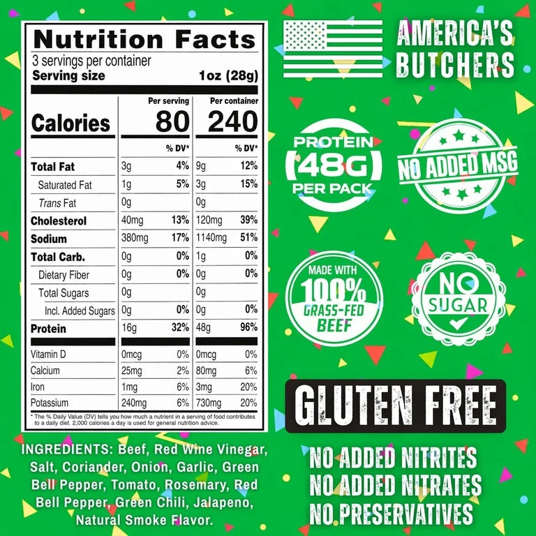 The Bearded Butchers Carne Asada Biltong, 3 oz – Air-Dried Beef Snack, High Protein, Zero Sugar, Gluten-Free, 48g of Protein per Pack