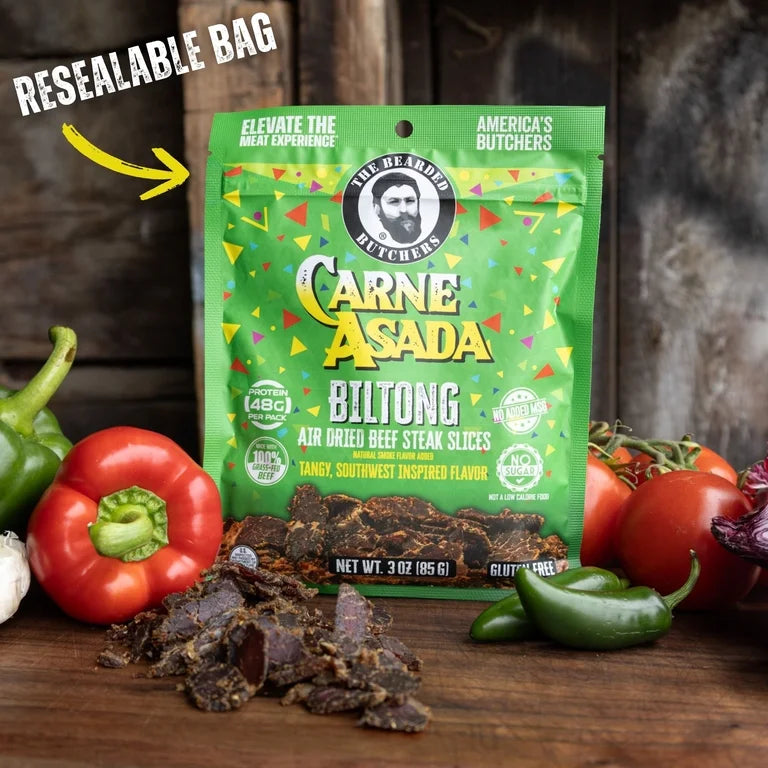 The Bearded Butchers Carne Asada Biltong, 3 oz – Air-Dried Beef Snack, High Protein, Zero Sugar, Gluten-Free, 48g of Protein per Pack