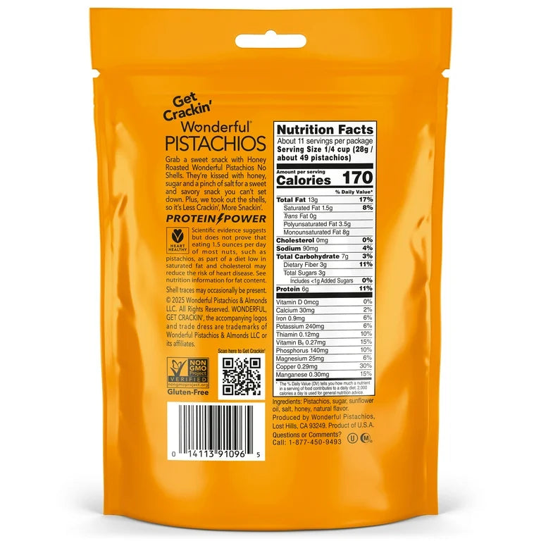 Wonderful Pistachios No Shells Honey Roasted Nuts, 11 Ounce Bag